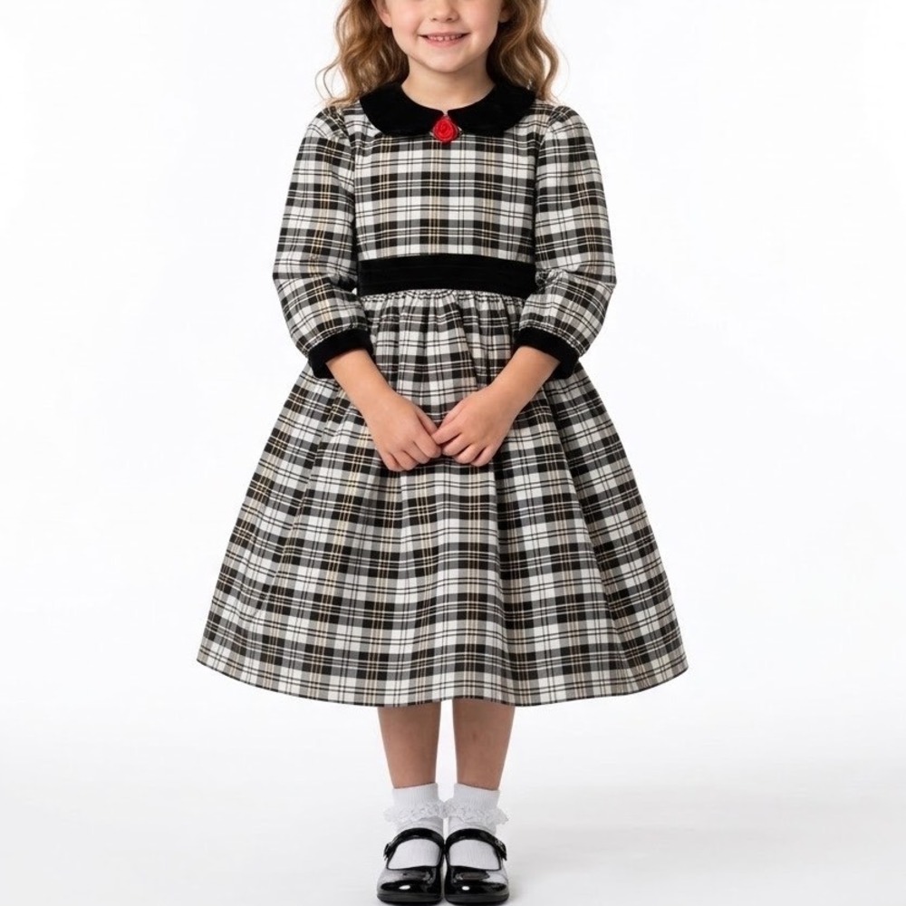 VTG SYLVIA WHYTE Plaid Velvet Holiday Party Dress SZ 6 Peter Pan Collar Puff Slv